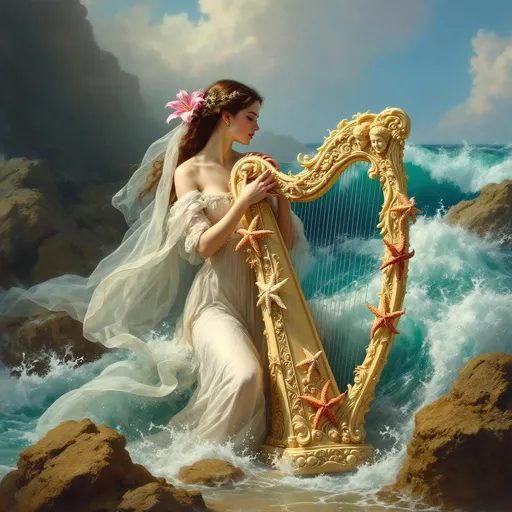 Prompt: A painting in the style of 19th-century realism. A young woman dressed in flowing white veils with a pink lily in her hair stands surrounded by foaming turquoise ocean waves. Mist. The woman has an elegant hairstyle. She is playing a richly ornate harp sculpted in ivory with elegant swirling motifs and cherub heads its organic structure detailed and intricate. Sunlight. Rocks. Starfish are attached to the harp clinging to its surface. Pink, fluffy clouds. Sunlight. The scene feels ethereal and oceanic with dynamic water movement and a dreamy, mythological atmosphere. 