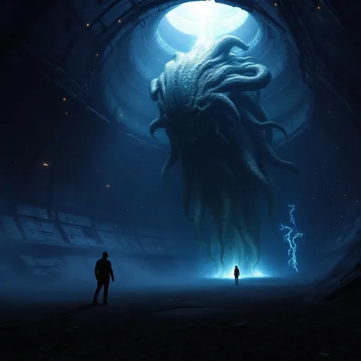 Prompt: An alien, slimy, massive organism growing in the 
dark, cylindrical, sci-fi massive ventilation shaft with walls covered in intricate panels, pipes and scattered orange lights. Dim light coming from above . Mist . Blue electrical discharges .