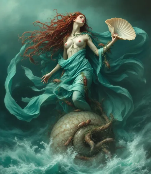 Prompt: The sea goddess rising from the stormy, misty, turquoise sea draped in flowing blue veils, seaweeds and crustaceans, her very long tangled red hair covered in crustaceans and seaweeds. She holds a gigantic, nautil shell in her hands. A painting in the style of 19th-century realism.