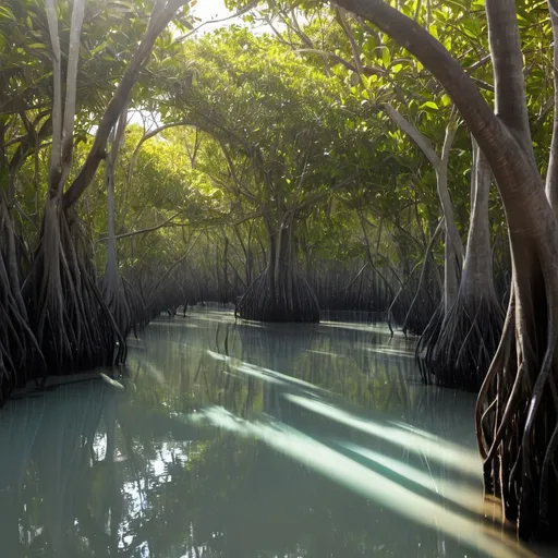 Prompt:  a lagoon and dense mangrove trees  lit by sun . 