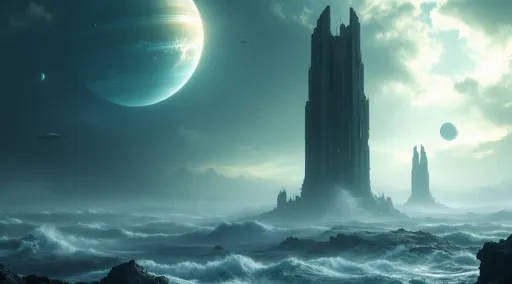 Prompt: An aerial view of two towering alien derelicts rising from the ocean. Rough waters . Sleek alien sci-fi spaceships hovering above the water. Mist . Waves break against the derelicts. A giant , ringed gaseous planet with giant satellites in the sky . 