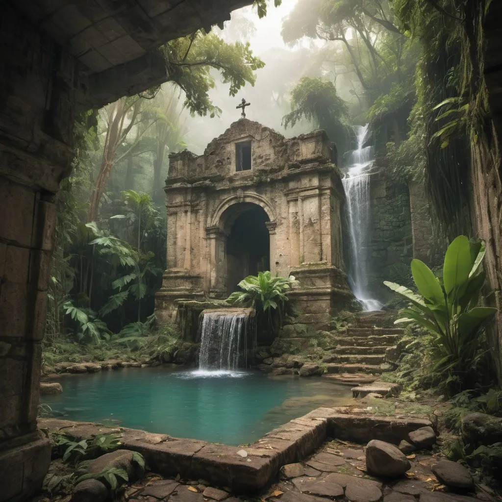 Prompt: A ruined Mexican church  with weathered stone walls overgrown with lush tropical vegetation and tangled vines surrounded by a lush , dense jungle . Scattered stones from the crumbling structure lie on the ground .   A waterfall and a pool with turquoise water nearby . Mist . Golden sunlight