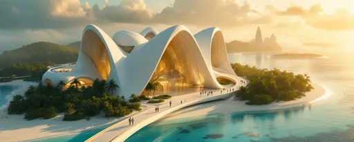 Prompt: An aerial view of a tropical island covered in lush , tropical plants and palms with white sand beaches and surrounded by shallow turquoise waters and coral reefs. On the far side of the island connected by a sleek , white futuristic bridge rises a towering, white, sci-fi, futuristic building standing in the shallow turquoise sea . The building has enormous, sweeping, blending organic-looking arches curving elegantly upwards resembling a luminous , futuristic cathedral. The walls and the arches are smooth creamy-white ( butter color) and softly reflective catching the golden light that floods the inner space. Tall men and tall women with white hair dressed in sleek, white futuristic clothing are walking on the bridge . Mist. Sunset. In the distance, in the mist , on the sea there are more buildings like this .