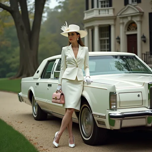 Prompt: A beautiful woman wearing a sophisticated white two-piece suit consisting of a tailored blazer and a matching knee-lenght skirt  , white gloves , white sheer silk stockings and white high-heeled shoes . A wide-brimmed white hat with a bow sits elegantly atop her head . She wears also  a pair of elegant white roun earrings on her earlobes . A soft pink designer handbag with a gold clasp hangs from her left shoulder . She leans gracefully against a white luxury 1980's Lincoln Continental limousine  parked on a driveway leading to a grand American mansion from the same era . Massive trees . In front of the mansion a lawn with perfect English-style grass enhances the scene's elegance and vintage sophistication . Sunlight . Mist