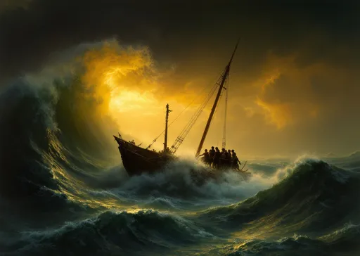 Prompt: A maritime scene  in the style of 19th-century realism with a group of shipwreck survivors clinging to the remnants of a shattered mast, desperately trying to stay afloat amid the stormy sea. The background consists of a vast, open ocean with towering waves, while the sky is illuminated by a dramatic golden light, suggesting either sunrise or sunset. This warm glow contrasts starkly with the cold, dark waters, creating a sense of hope despite the perilous situation.

The ocean is depicted as wild and untamed, with massive waves rolling through the scene. The largest wave in the foreground is painted with remarkable detail, its crest foaming and crashing downward. The water is rendered in deep blues and greens, with sunlight reflecting off the surface, adding to the realism and movement of the waves. The scene captures the immense power of the sea, making the small raft appear fragile and insignificant in comparison.

The shipwrecked sailors huddle together on the broken mast, their faces and postures conveying exhaustion, fear, and a glimmer of hope. Some of them seem to be praying, while others point toward the distant horizon, possibly seeking rescue. One figure, distinguishable by a red piece of fabric, stands out among them, adding a focal point to the human element in the scene .

