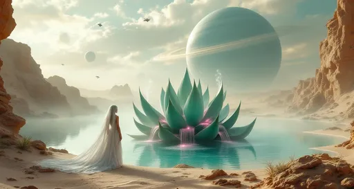 Prompt: Sand dunes . A goddess dressed in flowing white veils stands gracefully gazing at a giant , magical turquoise agave with coiled leaves that grows in a turquoise lake. Mist. A cascade of pink liquid flows down the agave's leaves creating an ethereal atmosphere . Steam rising from the agave . Sandy cliffs. Sci-fi buildings. The entire scene is shrouded in mist with clouds drifting gently above the sand . A giant, ringed gaseous planet with satellites in the sky .