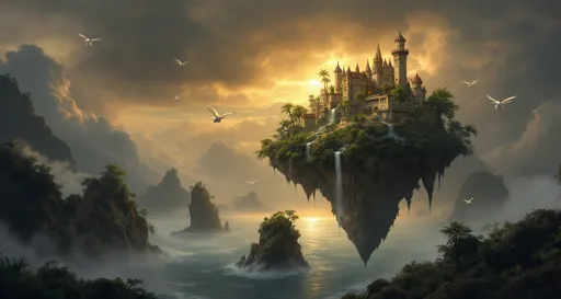 Prompt: A  fairytale castle perched atop a rocky cliff covered in lush, tropical plants and palm trees. Waterfalls cascade down its sides. The floating rock hovers above a stormy sea shrouded in mist and clouds . Mist. The base of the rock is narrow and pointed. Several similar floating rocks are visible in the distance. White dragons fly around the palace. In the foreground a prince rides a flying white dragon. The most striking element is the sky . Thick, billowing clouds stretch across the sky, heavy and textured with tones of grey, brown, and hints of blue. These clouds seem to part just enough to reveal a glowing band of soft, golden-yellow light near the horizon, suggesting either a sunrise or a sunset. This light gently spills across the landscape, casting a muted radiance that enhances the depth and mystery of the scene. The style of 19th-century realism .