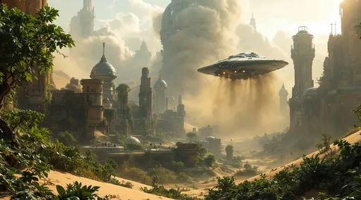 Prompt: Lushy jungle with trees and vines in the middle of the sand dunes surrounding sci-fi buildings , a  spaceship talking off with its jets on vertically raising clouds of dust, mist , sunlight
