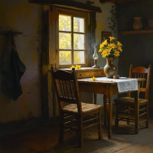 Prompt: A painting in the style of 19th-century realism. Morning inside a rustic countryside house. A room with an old wooden door with peeling paint. Morning sunlight streams through a traditional wooden window. In front of the window stands an aged wooden table with peeling paint, a small drawer and matching wooden chairs. On the table a smoky oil lamp, a vase filled with yellow lilies and a single lily lying beside it. On the table lies a small square white tablecloth. On the wall wooden shelves hold various rustic objects - a mortar and pestle and a clay pot with a trailing plant. The floor is made of old wooden planks. 