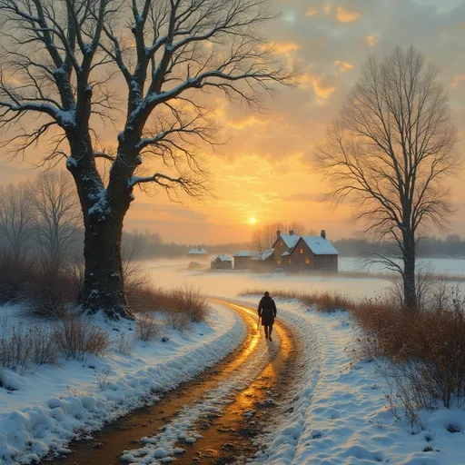 Prompt: A winter landscape with a few rustic country houses in the distance their windows glowing warmly .Haystacks . In the foreground a forked road covered in a mix of snow and mud with visible cartwheel tracks is flanked by two large bare trees . To the left a small grove of trees . A lone peasant traveler walks on the road . Mist rise from the ground creating an ethereal atmosphere . Sunset .  