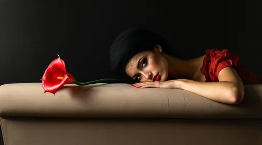 Prompt: A perspective running along the length of a sofa. A vivid red calla lily placed diagonally across the frame. A woman wearing a black toque with a delicate veil draped over her face dressed in an elegant red gown rests her cheek against the back of the sofa. Her hands are gently clasped together beneath her cheek. Black background. A painting in the style of 19th-century realism.