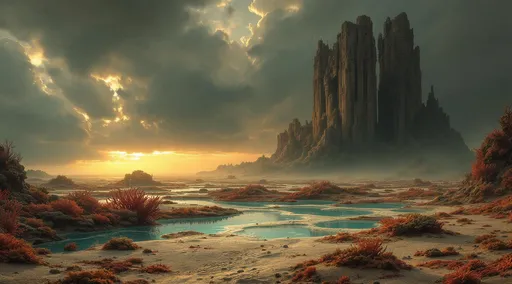 Prompt: A vast dried-up seafloor dotted with shallow turquoise pools covered in tall red coral formations, sea anemones and seaweed. The ground is textured with patches of wet sand  evoking a surreal , low-tide marine landscape . Thick mist. A colossal , towering alien derelict shrouded in mist .The most striking element is the sky . Thick, billowing clouds stretch across the sky, heavy and textured with tones of grey, brown, and hints of blue. These clouds seem to part just enough to reveal a glowing band of soft, golden-yellow light near the horizon, suggesting either a sunrise or a sunset. This light gently spills across the landscape, casting a muted radiance that enhances the depth and mystery of the scene. The style of 19th-century realism.