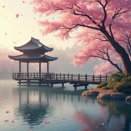 Prompt: A serene traditional Japanese garden during springtime featuring a pagoda-style pavilion with dark wooden beams and curved rooftops standing on stilts over a calm lake . A gracefully arched wooden bridge connects the pavilion to the shore . In the foreground a peach blossomed tree with vibrant pink flowers extends its delicate branches over the water creating a dreamy and tranquil atmosphere . The lake has gentle ripples and floating petals . The background consists of soft , misty trees . The pastel tones create a peaceful and harmonious composition . Golden sunlight . Mist