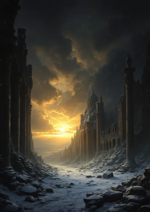 Prompt: The snow-powdered dark hall of a  dark, ruined castle with collapsed roof allowing heavy snowfall to pour inside. Arched  windows let in a cold, dim sunset light . Columns . Statues .  Mist. Snow blown by the wind.  Haunting, ethereal beauty . Night . Mysterious atmosphere.  The most striking element is the sky . Thick, billowing clouds stretch across the sky, heavy and textured with tones of grey, brown, and hints of blue. These clouds seem to part just enough to reveal a glowing band of soft, golden-yellow light near the horizon, suggesting either a sunrise or a sunset. This light gently spills across the landscape, casting a muted radiance that enhances the depth and mystery of the scene. The style of 19th-century realism.