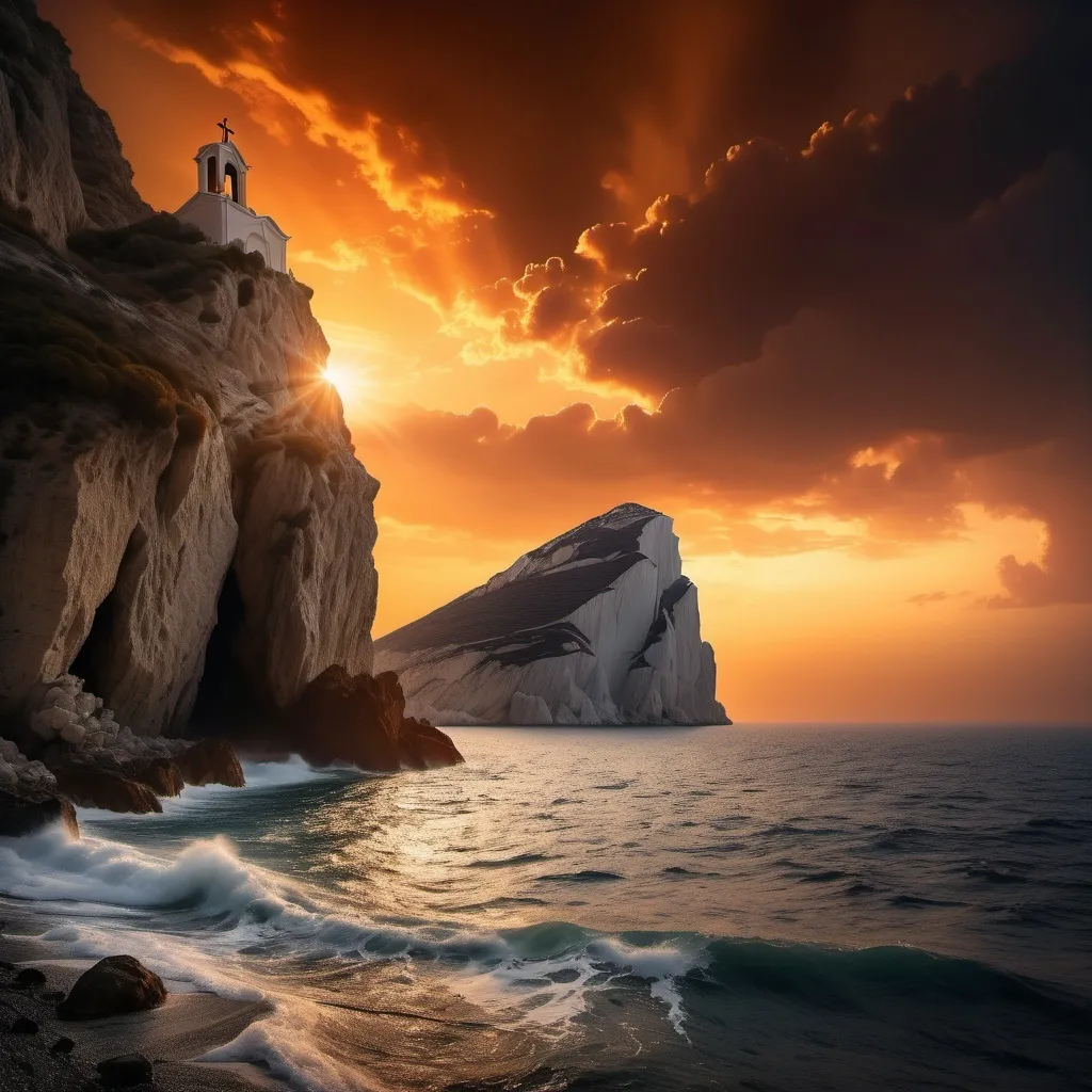 Prompt: Light and darkness
on the right a mountain in the dark with a small  greek church in a cave. The rolling sea lit by the fiery sunset. Golden and orange hues . Dramatic and majestic sky ,  A  shipwreck in the distance with torn sails .