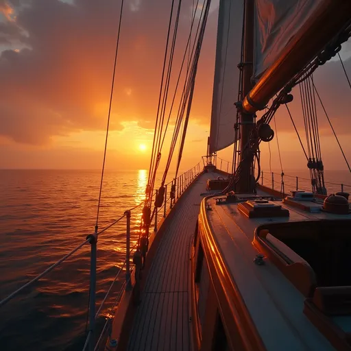 Prompt: A perspective froam a schooner's deck featuring the bow , bowsprit and sails against a vibrant orange sunset . Mist