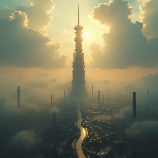 Prompt: A tall sci-fi tower piercing the clouds in the middle of a vast field of intricate network of pipes , platforms , mist , golden sunlight