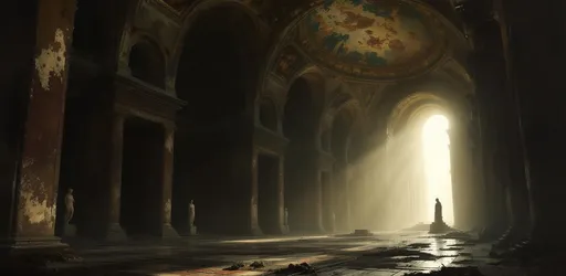 Prompt: A painting in the style of 19th-century realism. An enormous, abandoned, sumptuous hall vast and towering extremely dark and hazy stretching into the distance. The ceiling is high and arched painted with elaborate, weathered, faded, peeling frescoes depicting mythological scenes. The floor is covered with worn mosaic tiles barely visible in the gloom. Ornate columns. Along one side wall stands a row of ancient statues partially obscured by darkness and dust. A close-up on a statue illuminated by a dramatic shaft of sunlight coming from an opening in the opposite wall  piercing through the haze and cutting the darkness. Deep shadows, moody lighting, abandoned grandeur.