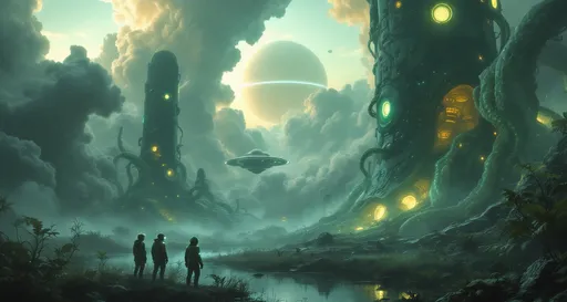 Prompt: Three individuals wearing a combination of samurai armors and hockey suits space suits and helmets with lights lost in a extraterrestrial jungle with towering bioluminscent plants with twisting, iridescent vines and massive translucent leaves pulsating with an eerie glow on a extraterrestrial planet inspect a towering , mysterious extraterrestrial device with curved style sci-fi design glowing with teal and green neon lights along its contours and internal structures half buried in a swamp. Mist. The most striking element is the sky . Thick, billowing clouds stretch across the sky, heavy and textured with tones of grey, brown, and hints of blue. These clouds seem to part just enough to reveal a glowing band of soft, golden-yellow light near the horizon, suggesting either a sunrise or a sunset. This light gently spills across the landscape, casting a muted radiance that enhances the depth and mystery of the scene.. A giant, ringed, gaseous planet with giant satellites in the sky. 