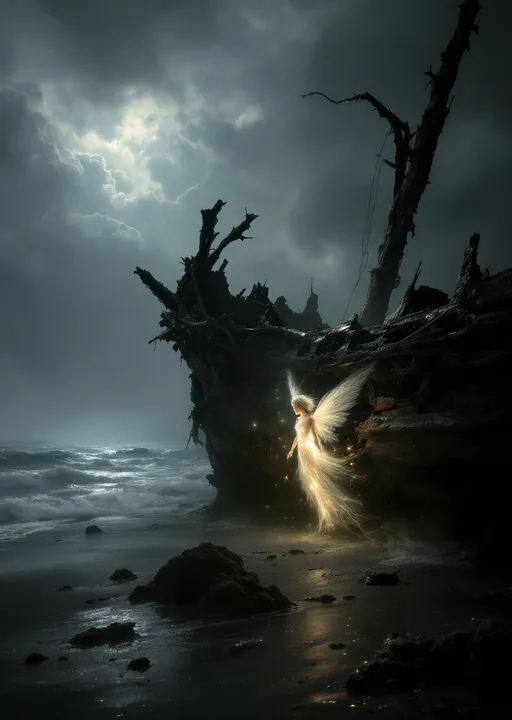 Prompt: A glowing fairy with delicate wings radiating light trapped between the rotten blackened ribs of a wrecked ship stranded on a beach of volcanic black sand . Mystical atmosphere. Mist . Stormy clouds. Stormy sea. The style of 19th-century realism .