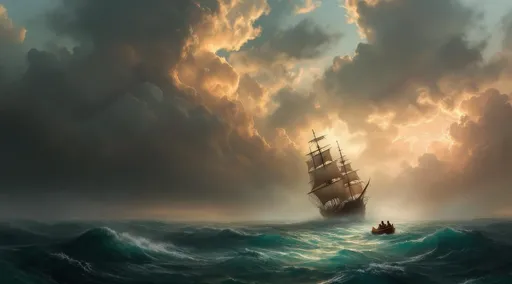 Prompt: A tilted galleon ghost ship with torn sails shrouded in mist navigating in the middle of stormy turquoise ocean. A rowboat with survivors . The most striking element is the sky . Thick, billowing clouds stretch across the sky, heavy and textured with tones of grey, brown, and hints of blue. These clouds seem to part just enough to reveal a glowing band of soft, golden-yellow light near the horizon, suggesting either a sunrise or a sunset. This light gently spills across the landscape, casting a muted radiance that enhances the depth and mystery of the scene. The style of 19th-century realism.