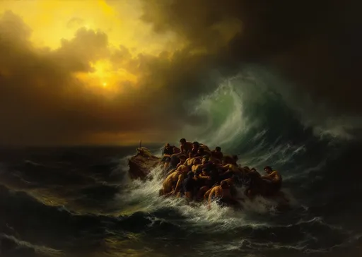 Prompt: A maritime scene  in the style of 19th-century realism with a group of shipwreck survivors clinging to the remnants of a shattered mast, desperately trying to stay afloat amid the stormy sea. The background consists of a vast, open ocean with towering waves, while the sky is illuminated by a dramatic golden light, suggesting either sunrise or sunset. This warm glow contrasts starkly with the cold, dark waters, creating a sense of hope despite the perilous situation.

The ocean is depicted as wild and untamed, with  waves rolling through the scene. The largest wave in the foreground is painted with remarkable detail, its crest foaming and crashing downward. The water is rendered in deep blues and greens, with sunlight reflecting off the surface, adding to the realism and movement of the waves. The scene captures the immense power of the sea, making the small raft appear fragile and insignificant in comparison.

The shipwrecked sailors huddle together on the broken mast, their faces and postures conveying exhaustion, fear, and a glimmer of hope. Some of them seem to be praying, while others point toward the distant horizon, possibly seeking rescue. One figure, distinguishable by a red piece of fabric, stands out among them, adding a focal point to the human element in the scene .

