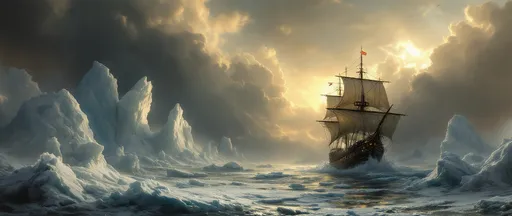 Prompt: A painting in the style of 19th-century realism. Mist. A colossal ice frozen wave about to engulf a tilted fairy tale galleon with a glowing lantern on the verge of capsizing trapped between drifting ice floes and surrounded by towering icebergs. The most striking element is the sky . Thick, billowing clouds stretch across the sky, heavy and textured with tones of grey, brown, and hints of blue. These clouds seem to part just enough to reveal a glowing band of soft, golden-yellow light near the horizon, suggesting either a sunrise or a sunset. This light gently spills across the landscape, casting a muted radiance that enhances the depth and mystery of the scene. A painting in the style of 19th-century realism.
