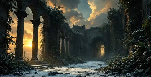 Prompt: The dark hall of a  dark, ruined castle overgrown with lush , tropical plants with collapsed roof allowing heavy snowfall to pour inside. Arched  windows let in a cold, dim sunset light . Columns . Statues .  Mist. Snow blown by the wind.  Haunting, ethereal beauty . Night . Mysterious atmosphere.  The most striking element is the sky . Thick, billowing clouds stretch across the sky, heavy and textured with tones of grey, brown, and hints of blue. These clouds seem to part just enough to reveal a glowing band of soft, golden-yellow light near the horizon, suggesting either a sunrise or a sunset. This light gently spills across the landscape, casting a muted radiance that enhances the depth and mystery of the scene. Mist. The style of 19th-century realism.