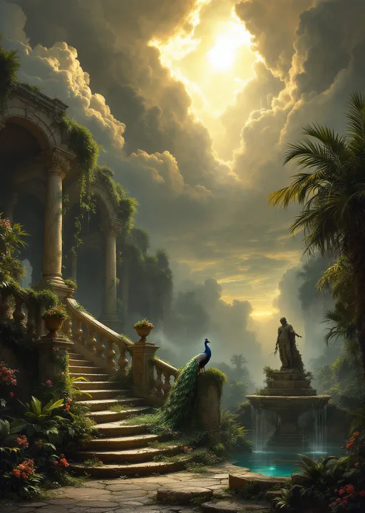 Prompt: A crumbling staircase of a ruined palace. The staircase has ornate stone balustrades decorated with stone urns filled with withered flowers. Lush tropical plants coil around the ornate pillars of the balustrades. A huge peacock stands gracefully on the steps. Lush tropical plants , flowers and palms. Mist. A ruined fountain with a statue covered in moss . A turquoise pool. The most striking element is the sky . Thick, billowing clouds stretch across the sky, heavy and textured with tones of grey, brown, and hints of blue. These clouds seem to part just enough to reveal a glowing band of soft, golden-yellow light near the horizon, suggesting either a sunrise or a sunset. This light gently spills across the landscape, casting a muted radiance that enhances the depth and mystery of the scene. The style of 19th-century realism.