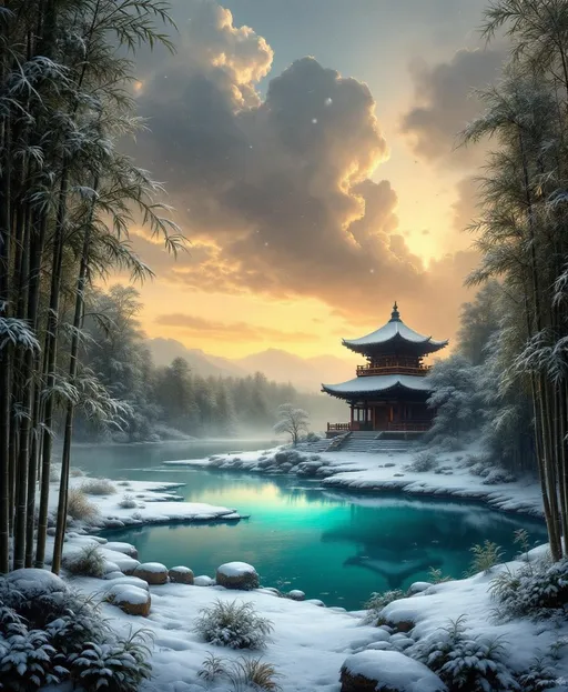 Prompt: A temple in the middle of a snow-covered bamboo forest. Mist. Snowflakes gently falling through the cold air covering the leaves and ground in white  .A serene, meditative atmosphere. A turquoise pond.  The most striking element is the sky . Thick, billowing clouds stretch across the sky, heavy and textured with tones of grey, brown, and hints of blue. These clouds seem to part just enough to reveal a glowing band of soft, golden-yellow light near the horizon, suggesting either a sunrise or a sunset. This light gently spills across the landscape, casting a muted radiance that enhances the depth and mystery of the scene. The style of 19th-century realism.