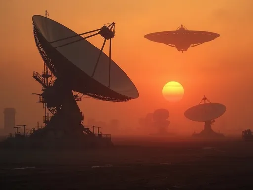 Prompt: A dark , dystopian sci-fi scene set at sunset featuring massive satellite dishes in a futuristic industrial landscape . The foggy sky is illuminated by the dim yellow-reddish glow of ground installations casting an eerie atmosphere . The environment is bathed in a warm , reddish glow with dust and fog creating a mysterious ambiance . A large mechanical radar dish dominates the foreground its structure appearing rugged and weathered. In the background more satellite arrays and towering industrial buildings extend into the distance . A massive alien mothership with red lights hovers in the sky partially obscured by haze adding a sense of depth and scale . The overall mood is cinematic evoking a post-apocalyptic or cyberpunk aesthetic . Reddish sunset . Mist