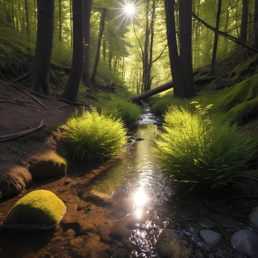 Prompt: a small creek deep in the forest lit by sun