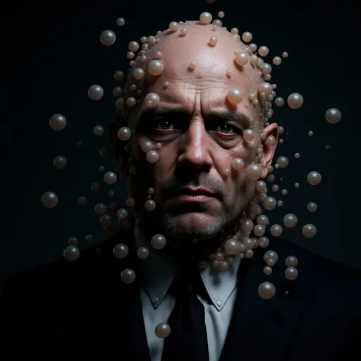 Prompt: A bald man wearing a suit and tie . His body is disintegrated in a dense network of clusters. These clusters are roughly spherical and semi-translucent. They are layered tightly across his body features, distorting his appearance but not entirely obscuring it—his eyes, mouth, and general facial and body structure remain barely discernible through the digital overlay.

The CGI is rendered with careful attention to light interaction and surface texture. Each cluster reflects ambient light with a soft, organic sheen, giving them a wet, slightly gelatinous look. The light bounce on their surfaces adds a three-dimensional realism to the effect, enhancing the grotesque transformation. The edges of the CGI blend relatively smoothly into the underlying live-action footage, though some edges show the distinct outlines where the digital elements are composited.

The animation likely includes subtle motion or warping effects to the nodules as they pulse or shift slightly—though this can't be confirmed from a still frame, such dynamics are typical of such effects in motion. The darkness surrounding the character serves to heighten the contrast, making the CGI elements stand out starkly and increasing the visual impact.He stands in a small , empty , dimly lit room with a barred window and a door . 