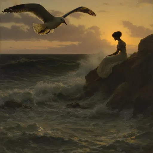 Prompt: A painting in the style of 19th-century realism. The silhouette of a young woman in a white, flowing dress sitting on a rocky seaside cliff at sunset. Foamy waves crash against the rocks sending mist into the air. In the foreground a seagull is carried by the wind.