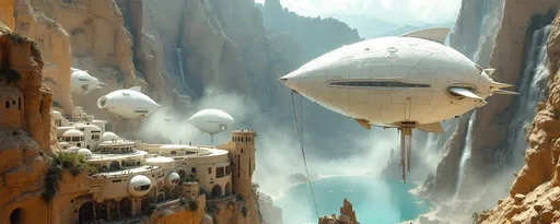 Prompt: Three white post-apocalyptic zeppelins that have an unusual almost organic-looking envelope made of what appears to be stitched or patched-together material giving it a rugged , improvised aesthetic . The zeppelins are suspended by ropes above futuristic white domed sci-fi buildings perched on towering, sandy cliffs with multiple waterfalls cascading down the edges . Mist rising from below . Mist . A turquoise lake. Sunlight .