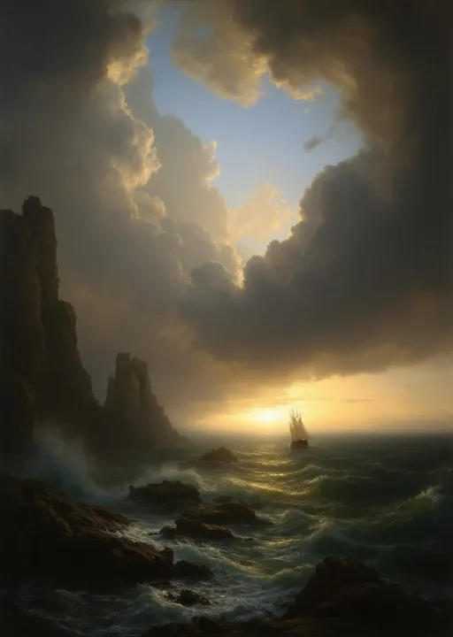 Prompt: White columns and arches , rocks , mist, stormy ocean , a sail ship
The most striking element is the sky . Thick, billowing clouds stretch across the sky, heavy and textured with tones of grey, brown, and hints of blue. These clouds seem to part just enough to reveal a glowing band of soft, golden-yellow light near the horizon, suggesting either a sunrise or a sunset. This light gently spills across the landscape, casting a muted radiance that enhances the depth and mystery of the scene. The style of 19th-century realism.
