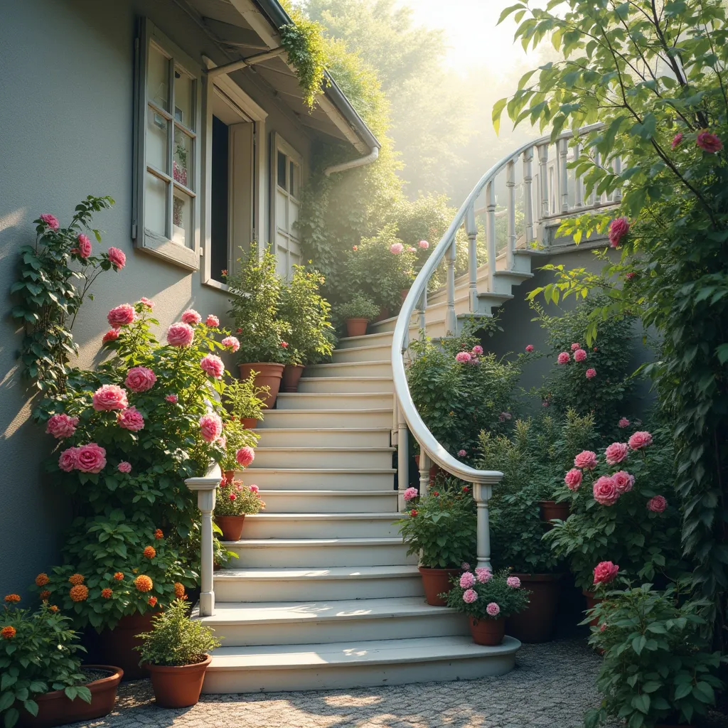 Prompt: An exterior white cornered wooden staircase covered with flowers and roses that leads to an attic , mist , sunlight