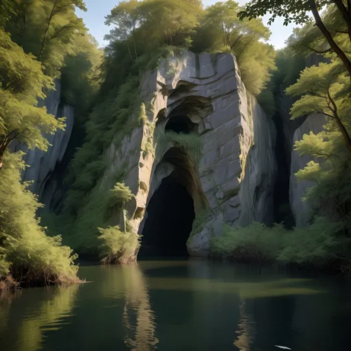 Prompt: high rock hollowed by water from one side to the other covered with thickets and small trees lit by sun