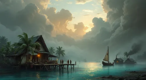 Prompt: A lagoon shallow turquoise water , leaning palms over water and lush tropical plants. Post-apocalyptic huts made of metal sheets, rags and wood on stilts over water. Mist. A boat with a patched sail. Men and women in tattered clothes. Billowing smoke from improvised chimneys. The most striking element is the sky . Thick, billowing clouds stretch across the sky, heavy and textured with tones of grey, brown, and hints of blue. These clouds seem to part just enough to reveal a glowing band of soft, golden-yellow light near the horizon, suggesting either a sunrise or a sunset. This light gently spills across the landscape, casting a muted radiance that enhances the depth and mystery of the scene. The style of 19th-century realism .