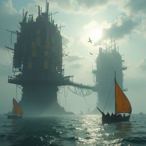 Prompt: Post-apocalyptic tall structures made of wood , metal sheets and debris rising from the sea . Wooden plank and rope bridges connecting them . Rafts with sails drifting on the water . People dressed in tattered clothes . Low-hanging clouds floating between the buildings above the ocean . Seagulls soaring through the mist . Sunlight 