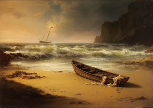 Prompt: A classic maritime scene  in the style of 19th-century realism  that captures a dramatic yet serene coastal scene at sunset.

In the foreground, a small wooden boat with a broken mast rests on the sandy shore. The boat appears abandoned, with tattered sails draped over its side, suggesting that it may have been left behind after a struggle with the sea. The beach is lined with sparse vegetation, and the sand looks slightly damp, possibly from the receding tide.

To the left of the image, a larger sailing ship is partially submerged in the rough waves. The ship leans to one side, with its masts and rigging still visible above the water, indicating that it is in distress or has recently wrecked. A red flag on the ship flutters in the wind, adding a striking contrast to the otherwise warm and earthy color palette.

The sea itself is painted with a mixture of deep blues and greens, with white foam rolling over the crests of the waves, emphasizing the power and movement of the water.

The background is dominated by a towering cliff that extends into the sea. The cliff is bathed in the golden light of the setting sun, creating a striking contrast between its shadowed and illuminated sections. The sky above the cliff is a brilliant blend of warm yellows, oranges, and soft pinks, with scattered clouds catching the last light of the day. A crescent moon is faintly visible in the upper left corner, suggesting that nightfall is approaching.

The overall composition evokes a sense of both awe and melancholy, highlighting the beauty of nature while also hinting at the dangers of the sea. The contrast between the tranquil sunset and the struggling ship enhances the dramatic tension .