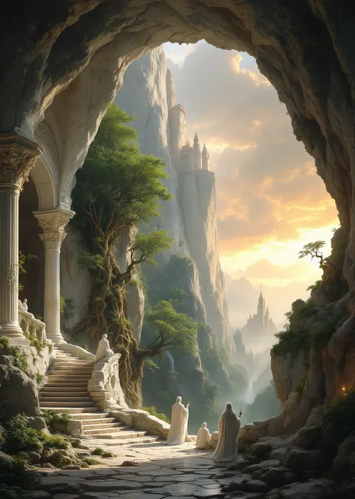 Prompt: The interior of a temple carved into a white stone huge cave with ornate columns and arches sculpted from the same white rock. White robed priests with white hair. The cave opens to a breathtaking view of rocky cliffs covered with an enchanted , mysterious, lush forest with gnarled, lush, magical trees with tangled web of roots emerging from the ground . In the distance a towering fairy tale style castle. Mist. Waterfalls. The most striking element is the sky . Thick, billowing clouds stretch across the sky, heavy and textured with tones of grey, brown, and hints of blue. These clouds seem to part just enough to reveal a glowing band of soft, golden-yellow light near the horizon, suggesting either a sunrise or a sunset. This light gently spills across the landscape, casting a muted radiance that enhances the depth and mystery of the scene. The style of 19th-century realism.