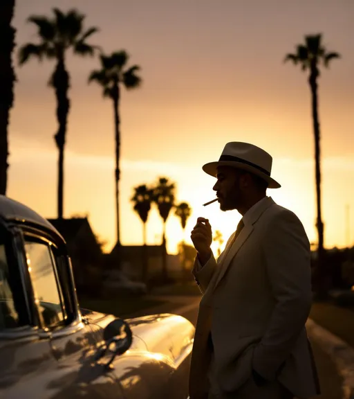 Prompt: A waist-up close-up silhouette of a man standing against the setting sun. He wears a white fedora hat, a white suit and has a lit cigarette in his mouth. The man is leaning against the door of a 1950's Cadillac. The scene takes place on a street in a Californian suburb with the tall silhouettes of palm trees visible in the distance.