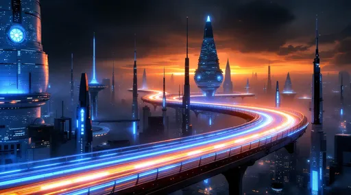 Prompt: A suspended sci-fi information superhighway carrying streams of bright blue and orange light beams winding its way through a dark futuristic sci-fi cityscape. Mist. The highway twists and curves between towering white sci-fi buildings in spherical , pyramidal , truncated cone and truncated pyramid shapes covered with scattered blue and orange lights . Darkness. Sunset .