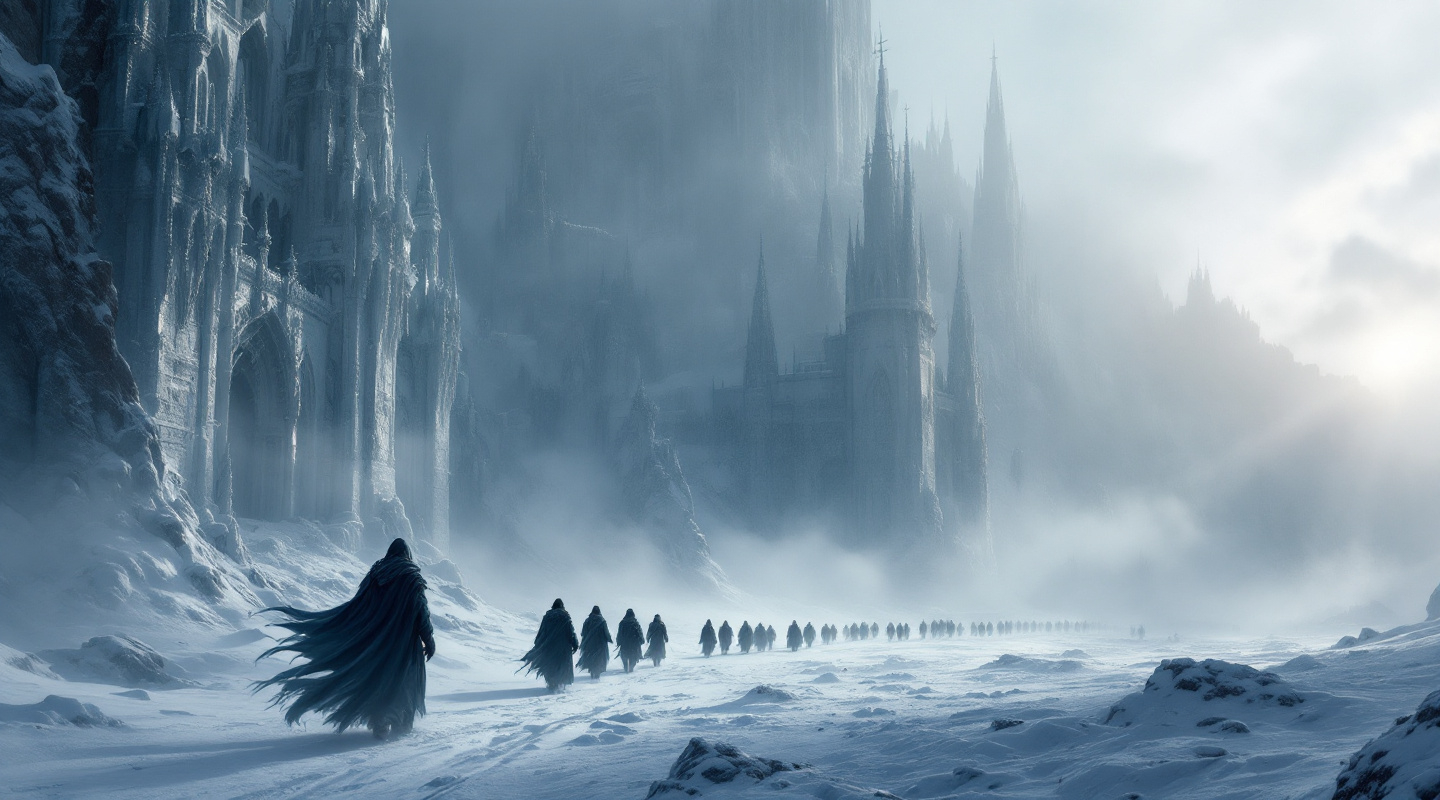 Prompt: On the left side a towering , ancient fortress of ice and stone rises from the frozen wasteland its gothic spires and intricate carvings covered in snow and frost . The colossal structure looms over the desolate landscape partially shrouded in mist and illuminated by the cold , pale light of the distant sun . In the foreground a small group of travelers dressed in heavy cloaks carefully make their way through the snow covered terrain dwarfed by the overwhelming scale of the icy citadel . The atmosphere is eerie and mysterious evoking a sense of ancient power and forgotten legends . Thick mist . Wind blown-snow . Sunlight
