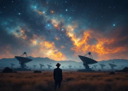Prompt: A man dressed in a 1950's fashion in a polyester suit and a hat standing at night in an open field surrounded by an array of massive satellite dishes . Mist. He is looking up towards the sky full of vibrant nebulas with deep space colors including fiery oranges , blues and cosmic dust and stars . 