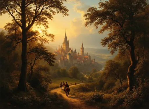 Prompt: A breathtaking view of a serene, almost dreamlike landscape at dusk in the style of 19th-century realism as indicated by the soft golden light that permeates the scene. In the foreground, tall trees with richly detailed foliage frame the composition on both the left and right sides. The sun's rays filter gently through the branches, casting long, warm shadows and creating a contrast between light and dark areas.

At the center of the scene, slightly to the left, a medieval town or castle is nestled among the trees and hills. Its architecture is marked by pointed towers and stone buildings, suggesting a setting in Europe, perhaps near the Rhine River. The warm light reflects off the rooftops and walls, lending a glowing, almost magical quality to the structures.

Below this, a winding path leads into the painting, guiding the viewer's eye from the foreground to the middle distance. Along the path, several figures on horseback and on foot are visible. They seem to be travelers or villagers, perhaps journeying toward the town. Their presence adds a sense of life and movement to the otherwise still scene.

To the right, a calm river winds its way through the landscape. Boats with sails can be seen on the water, either anchored or slowly drifting, indicating commerce or transportation. The river reflects the light of the sky and the surrounding hills, enhancing the tranquil atmosphere.

In the background, majestic mountains rise under a sky tinged with soft pink and orange hues. Wispy clouds float gently above, and a flock of birds can be seen in the distance, further emphasizing the peaceful and harmonious mood.

The scene masterfully combines natural elements with human presence, showcasing a romantic ideal of harmony between man and nature. The use of light, shadow, and detail evokes a sense of nostalgia and timeless beauty. 