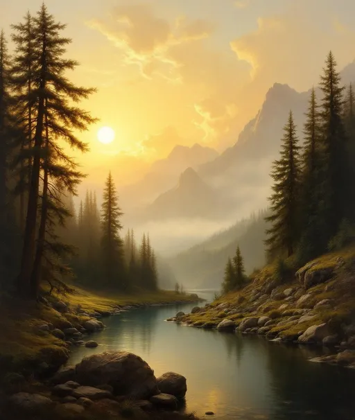 Prompt: A painting in the style of 19th-century realism. A serene mountain landscape at sunset, painted  in a highly atmospheric, classical style.
In the foreground, a calm, narrow river flows gently from the bottom of the image toward the distance. The water reflects the golden light of the sky, shimmering with warm hues of yellow and soft orange. Smooth rocks and patches of moss line both sides of the riverbank, giving the scene a natural, untouched feel.
Towering pine trees dominate the left side of the composition. Their dark silhouettes contrast sharply against the bright, glowing sky. The sunlight filters through the branches, creating delicate beams and pockets of illumination on the forest floor. On the right side, a dense cluster of evergreens forms a shadowed mass that frames the river.
In the background, majestic mountains rise sharply into the light-drenched sky. The peaks are partially obscured by mist, giving them a soft, ethereal quality. The sky itself is filled with scattered clouds, all tinged with radiant gold from the low sun. The clouds glow intensely, suggesting that the sun is sitting just beyond the horizon, hidden behind the treetops.
The entire scene is suffused with a warm, peaceful glow, blending deep earthy shadows with radiant highlights. The composition feels both grand and intimate, combining the vastness of the mountains with the quiet stillness of the river and forest. It evokes a sense of tranquility, solitude, and reverence for untouched nature.
