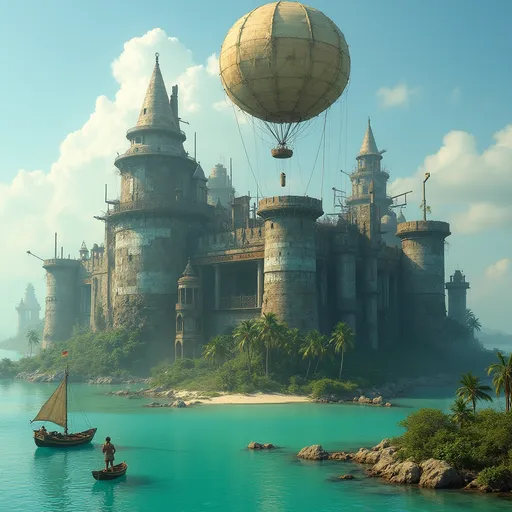 Prompt: A massive fortress , makeshift structure built in turquoise , shallow water of a lagoon resembling a post-apocalyptic floating city . Its walls are composed of metal sheets, wooden planks and other salvaged materials giving it a rough and heavily fortified appearance . There are watchtowers with roofs .The fortress is surrounded by patches of sand on which grow lush, tropical plants and palms . Above the fortress floats a montgolfier balloon that has an unusual almost organic looking envelope made of what appears to be stitched or patched-together material giving it a rugged , improvised aestethic . The balloon  is suspended by ropes and a small gondola is hanging beneath it carrying a person . Boats with tattered sails . Sunlight .Mist