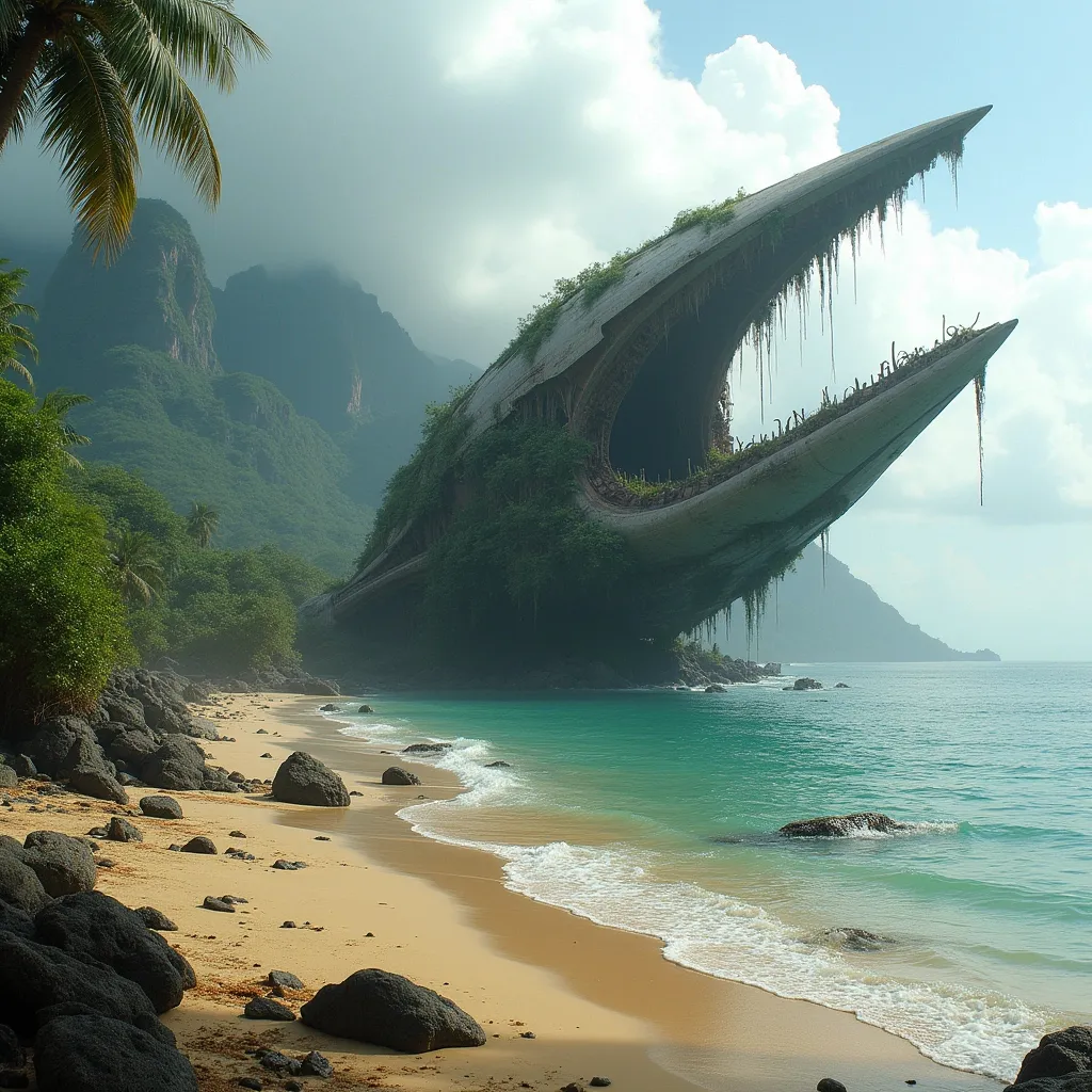 Prompt: A colossal , asymmetrical wishbone-shaped derelict alien spacecraft with a thickened central section set between two prong-like structures lies wrecked in the shallow water of a remote tropical beach partially overtaken by nature . The spacecraft has an intricate biomechanical design resembling a fusion of metal and organic forms with smooth , curved surfaces , Its hull is corroded and fractured revealing dark inner chambers and exposed alien machinery . Vines and overgrown lush tropical vegetation cover its surface while long , metallic tendrils hang from its underbelly  like remnants of a once-functional support structure . The ship's arching frame suggests an advanced , otherworldy origin with faint glowing energy traces still pulsing along its cracks .The scene is framed by towering mountains covered in mist and lush tropical vegetation in the distance , their jagged peaks shrouded in heavy clouds . The beach is a mix of golden sand and scattered debris from the crash while gentle turquoise waves lap at the wreckage . Dense jungle and lush tropical vegetation including palm trees and thick undergrowth encroaches from the left adding to the sense that the spaceship has been abandoned for centuries . Rocks . Sunlight cast an ethereal glow over the entire landscape enhancing the mystery and grandeur of the lost spacecraft. Mist .Sunlight